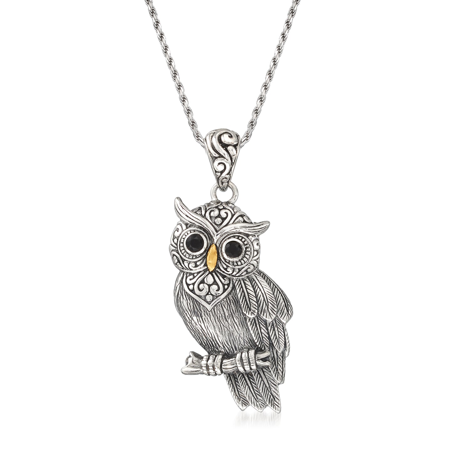 Sterling Silver Bali-Style Owl Pendant Necklace with Black Onyx and 18kt Gold Over Sterling