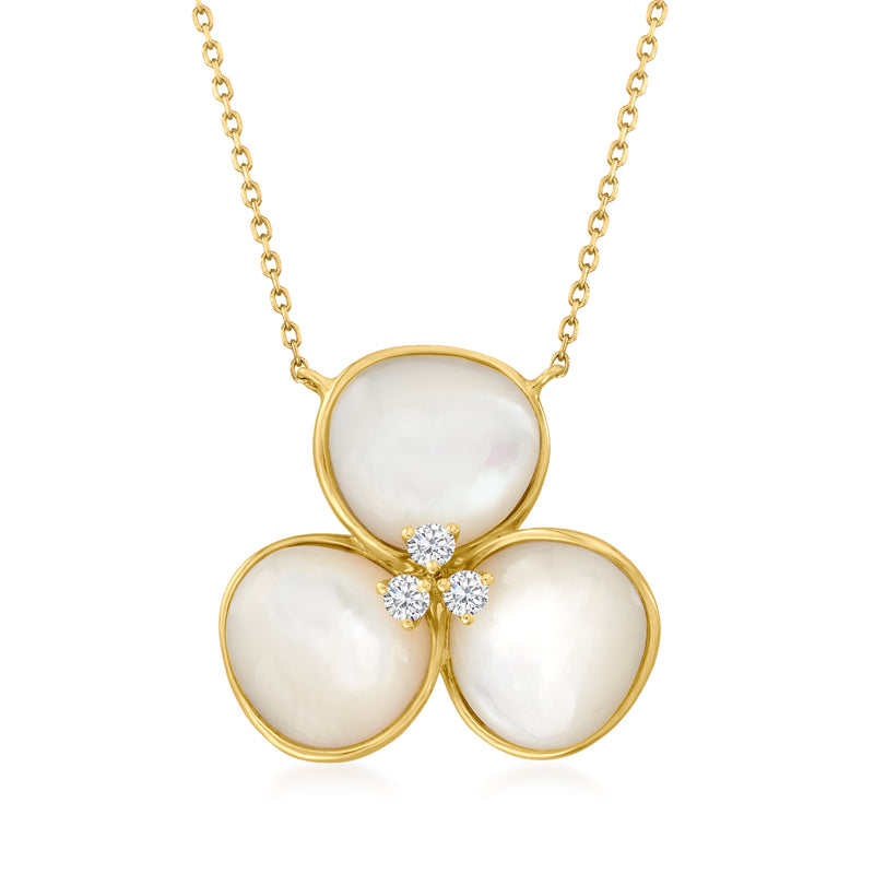 14kt yellow gold mother-of-pearl pendant necklace with three iridescent discs and diamond cluster