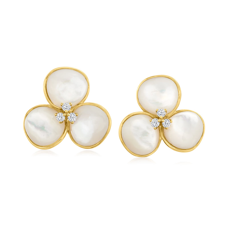 14kt yellow gold mother-of-pearl clover earrings with small round diamond accents