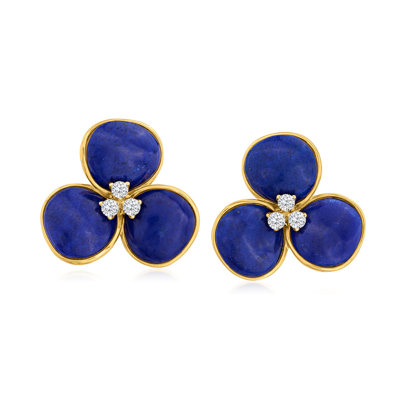 Lapis flower earrings with round diamond center in 14kt yellow gold bezel settings