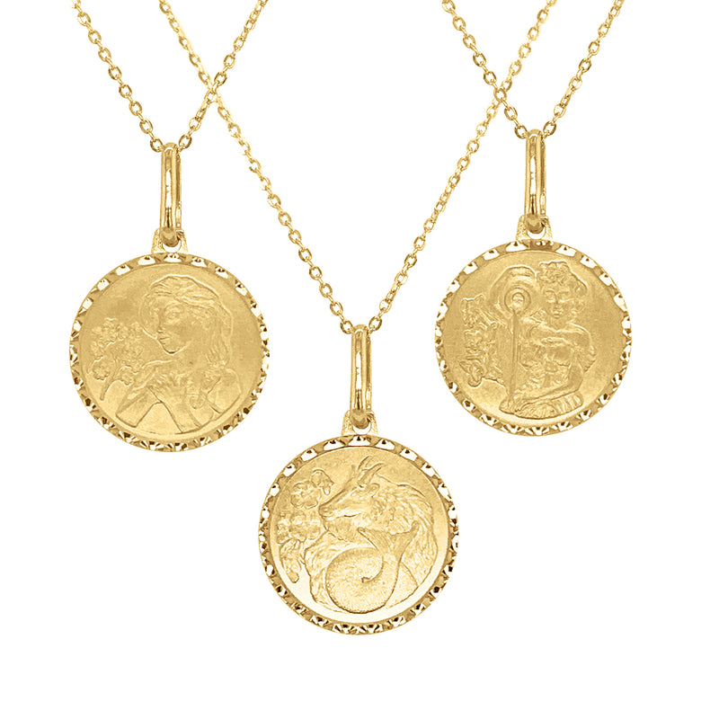 14kt yellow gold coin pendant necklace with three round zodiac-style medallions