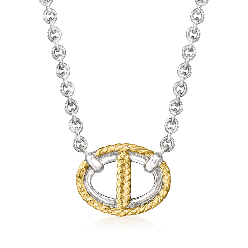 Reversible link necklace with sterling silver chain and round gold rope center frame