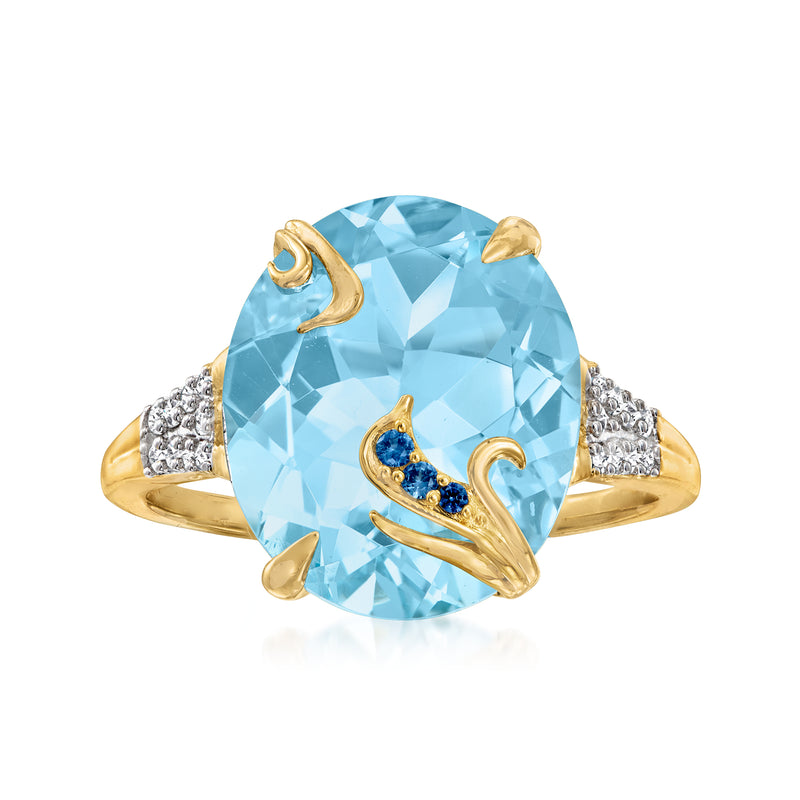 18k gold over sterling ring with large oval sky blue gemstone, diamond sides and sapphire accents