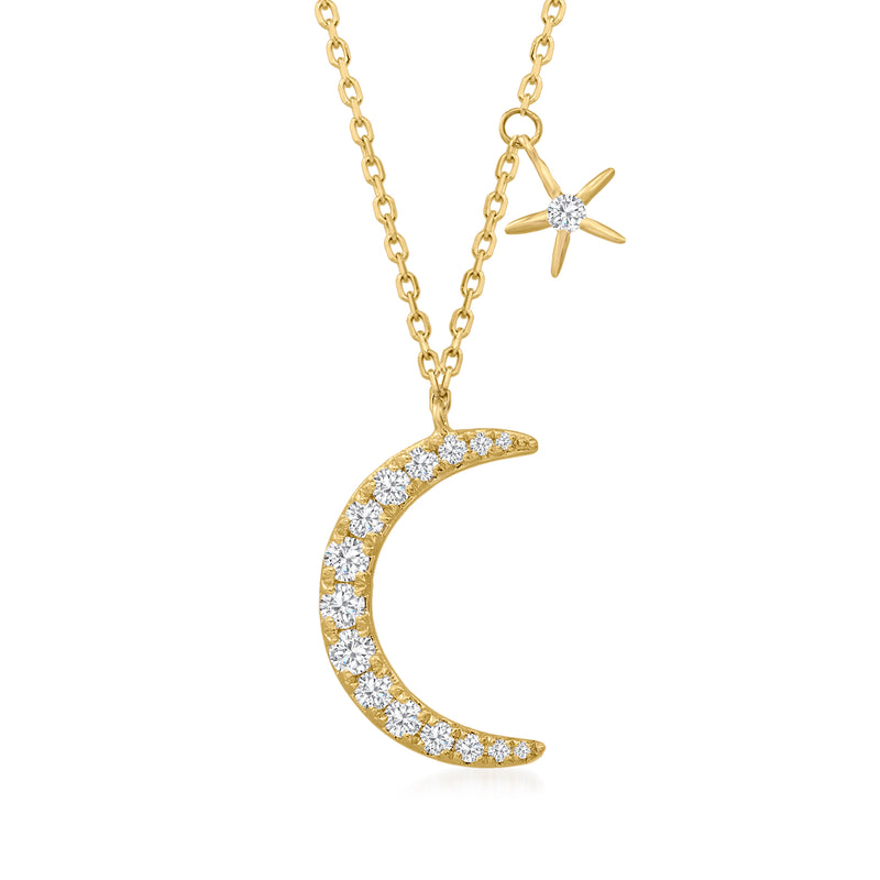 14kt yellow gold diamond crescent moon and star station necklace