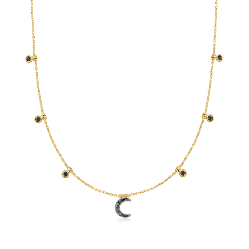 14kt yellow gold necklace with bezel-set black stones and crescent moon charm