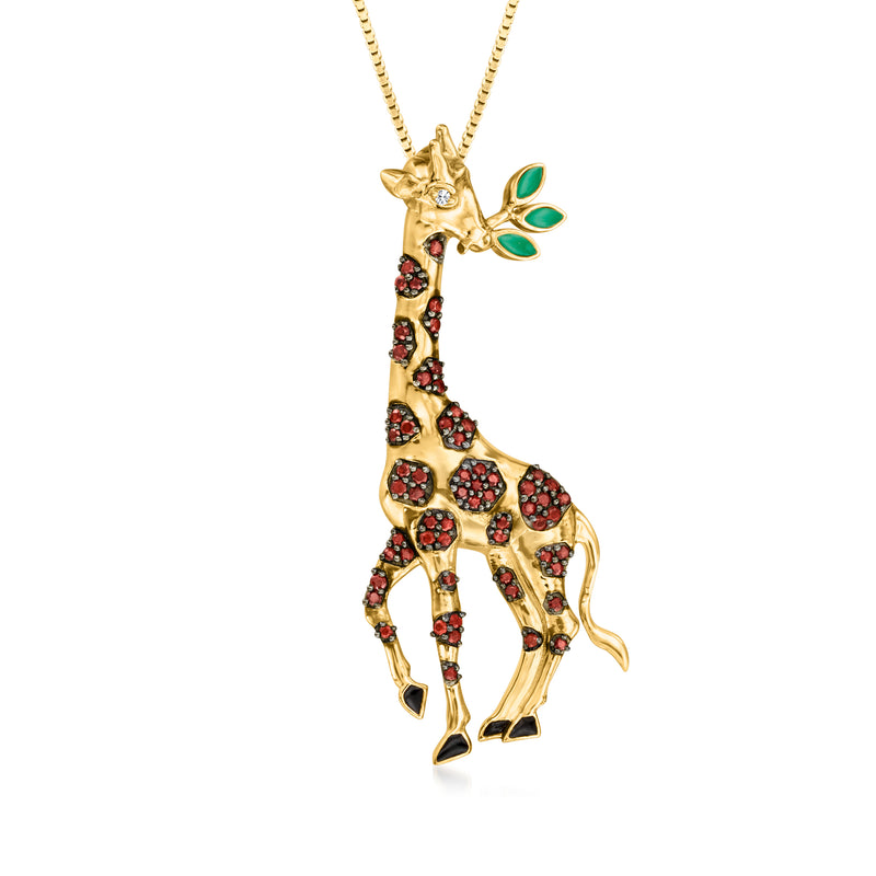 18kt gold giraffe pendant necklace with red multicolored enamel, green accents, diamond eyes