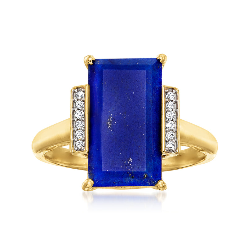 Rectangular lapis ring with diamond side accents, 18kt gold over sterling band