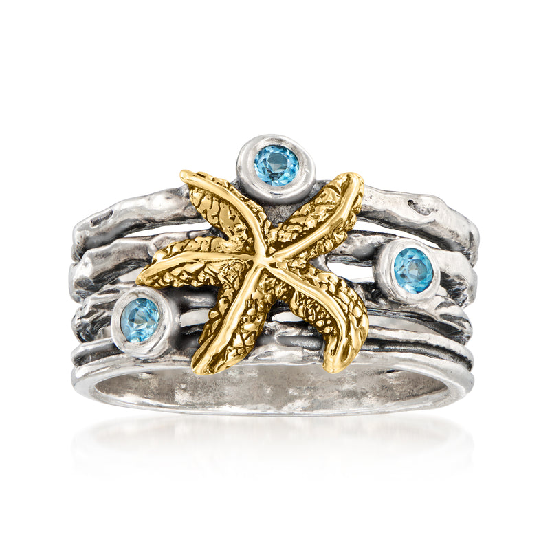 Sterling silver starfish ring with sky blue topaz and 14kt yellow gold accents
