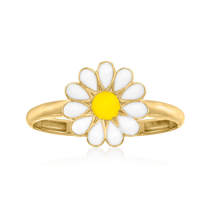 14kt yellow gold daisy ring, white enamel petals with yellow center