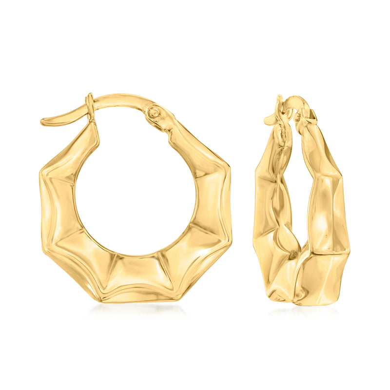 14kt yellow gold geometric hoop earrings, faceted octagon design