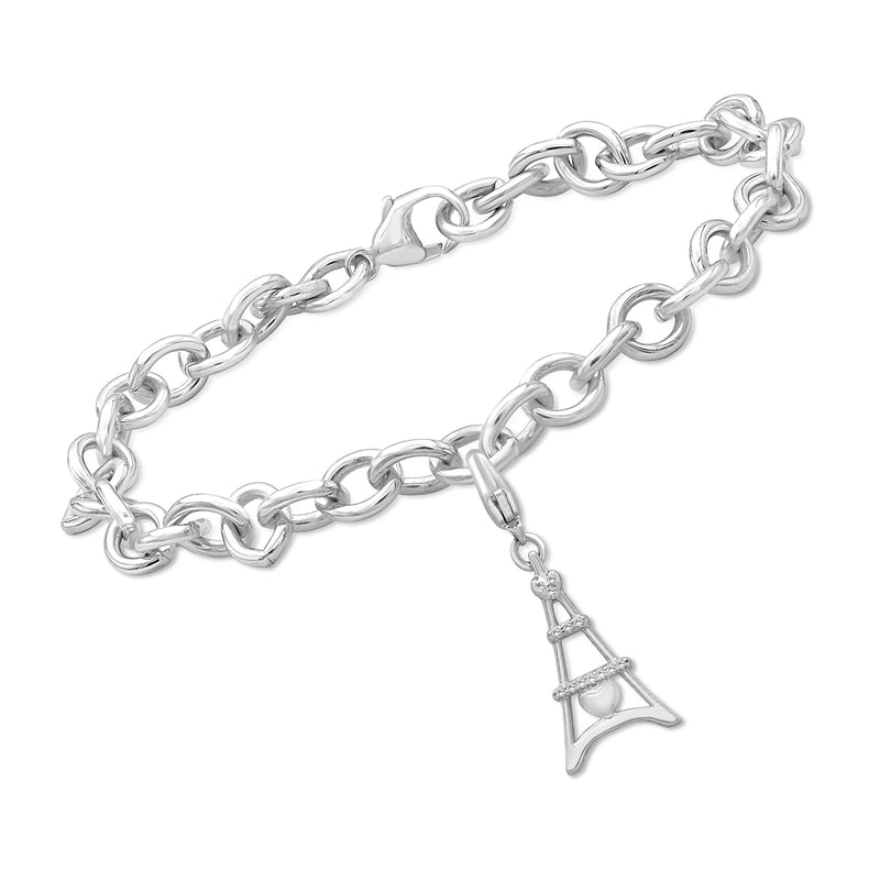 Silver charm bracelet with oval links and Eiffel Tower charm drop