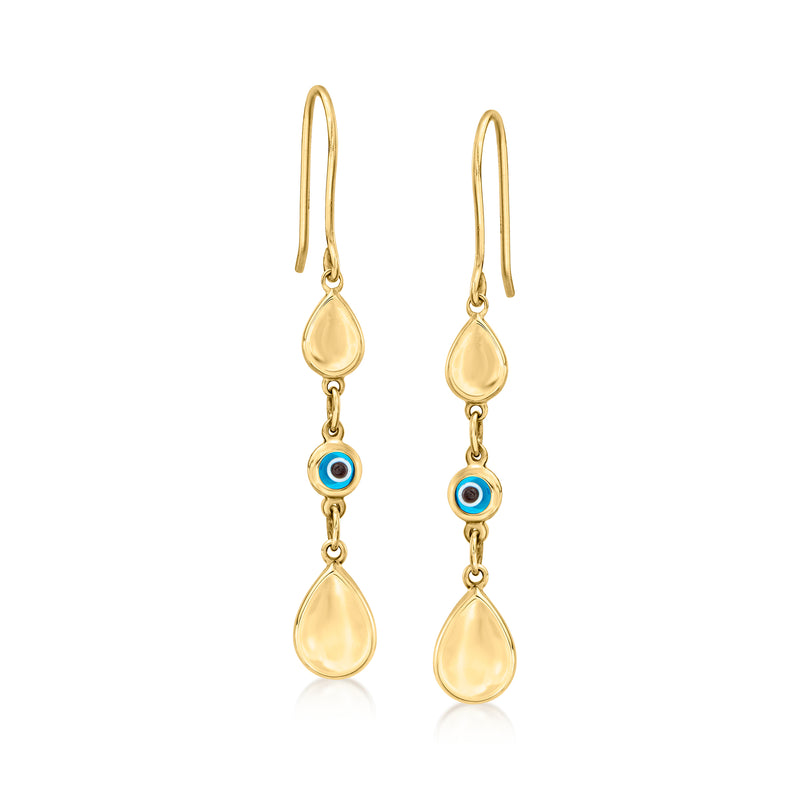 14kt yellow gold evil eye drop earrings with blue glass eye and teardrop drops