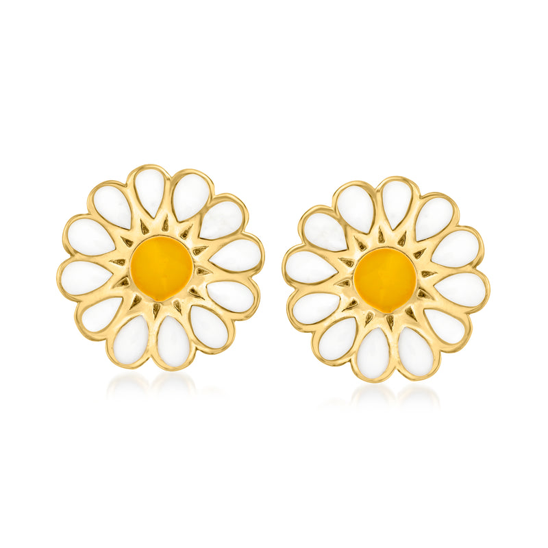 14kt yellow gold daisy stud earrings with white enamel petals and yellow centers