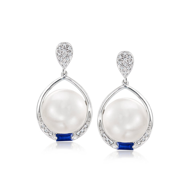 14kt white gold drop earrings with cultured pearl, blue sapphire, and diamond accents