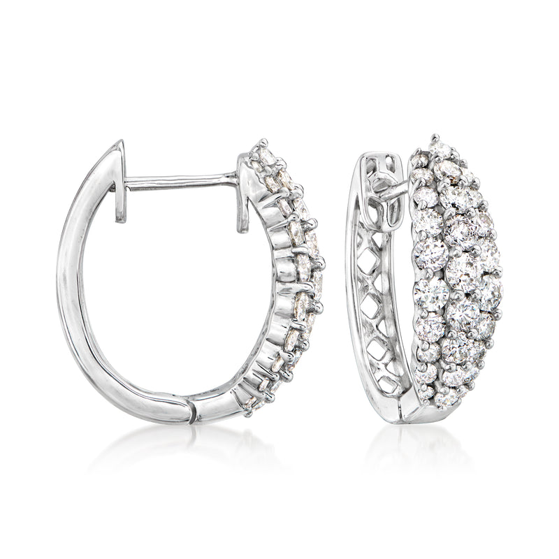 Diamond hoop earrings in 14kt white gold, shown open and closed