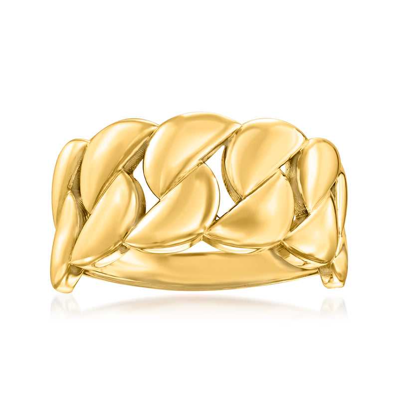 14kt yellow gold curb-link ring, glossy oval links on polished band