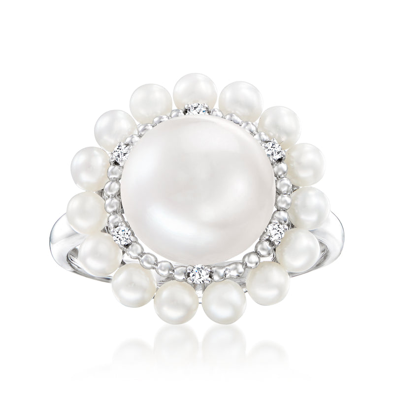 Cultured pearl ring with oval center pearl, round pearls, and diamond accents in white gold