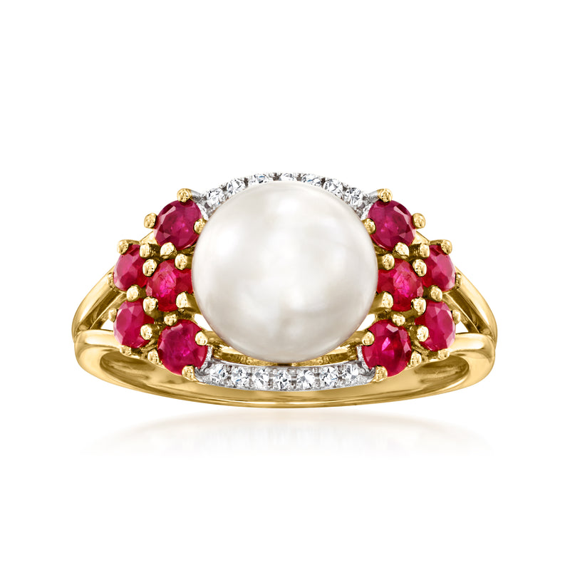 14kt yellow gold ring with large round cultured pearl, ruby accents, and diamond border