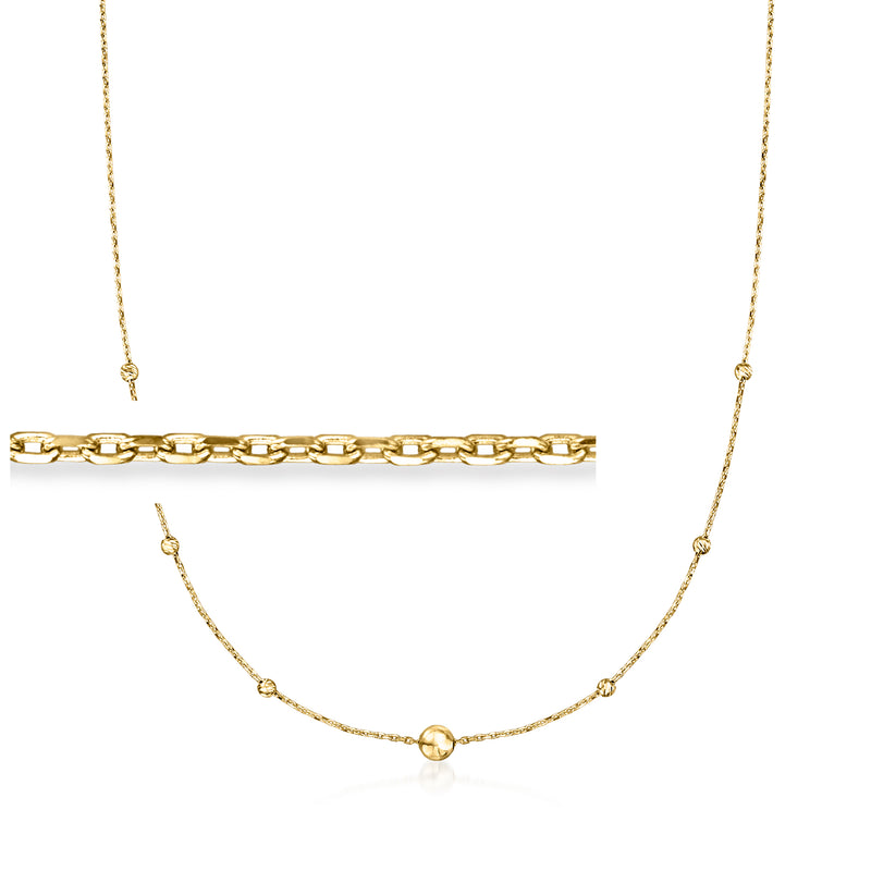 Yellow gold bead station cable-chain necklace with small round links