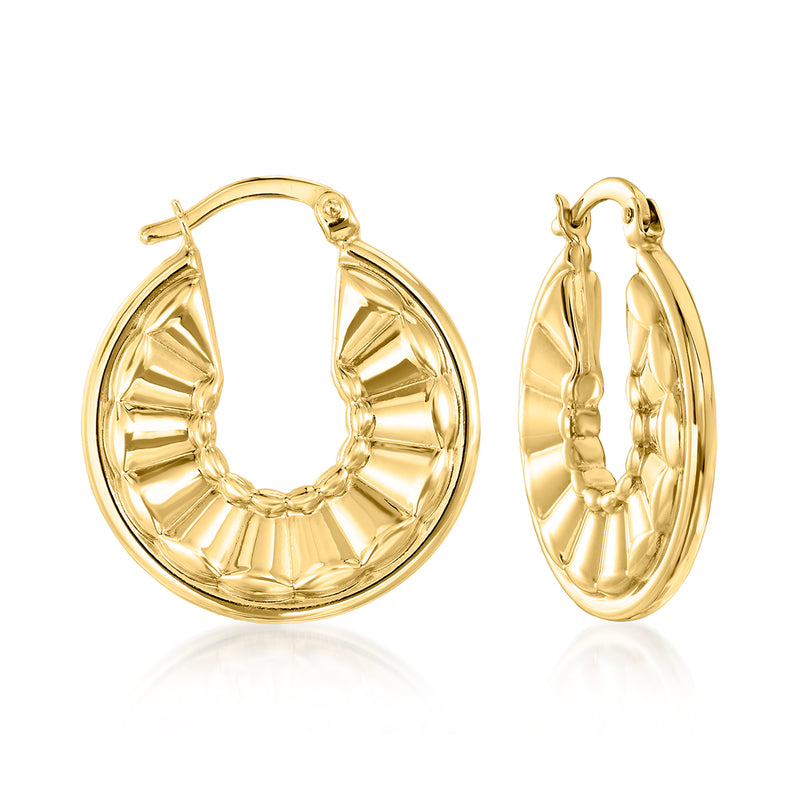 14kt yellow gold patterned hoop earrings, textured front and hinged clasp