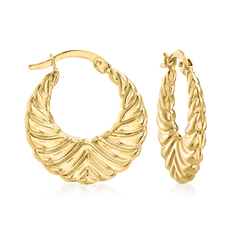 14kt yellow gold scalloped hoop earrings with twisted ridged texture