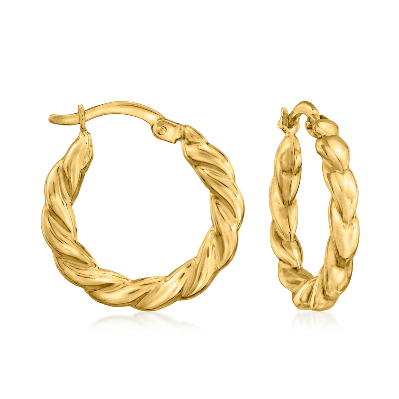 14kt yellow gold twisted hoop earrings with rope twist, hinged closure