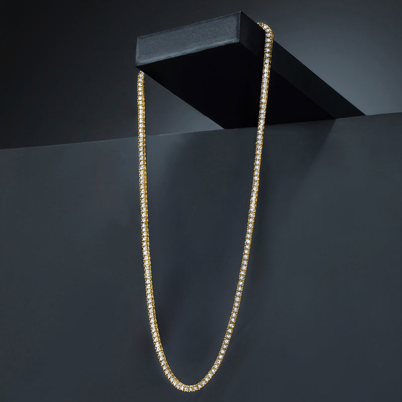 Diamond tennis necklace in gold over sterling, draped in a long U shape