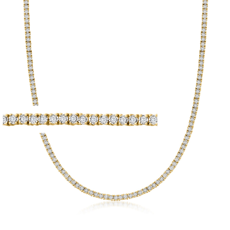 18kt gold over sterling diamond tennis necklace, round stones in tennis row