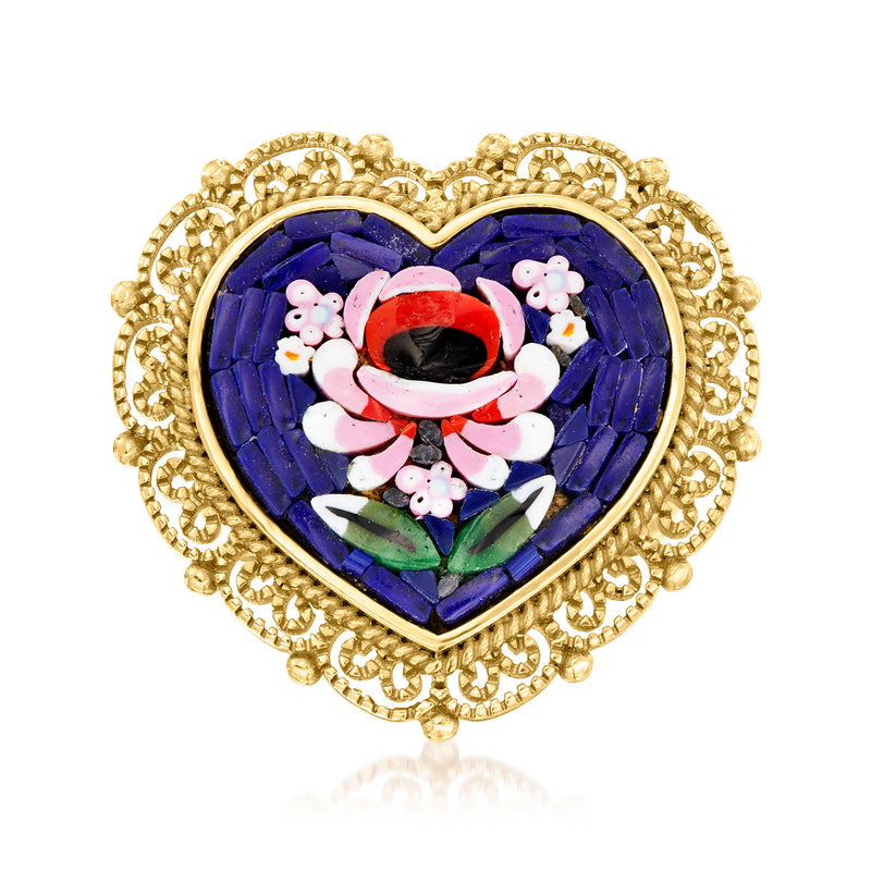 Heart-shaped gold-tone ring with blue floral glass mosaic center