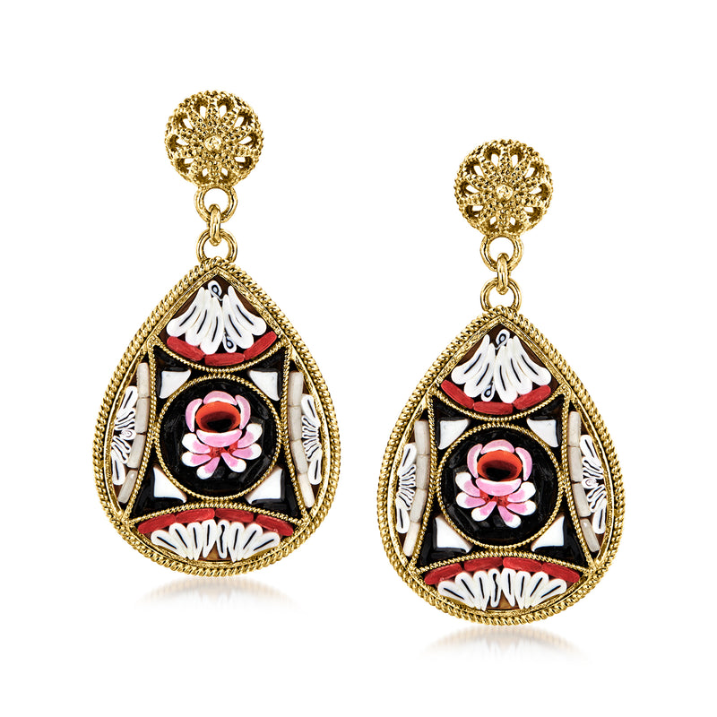 Gold-tone teardrop drop earrings with multicolored floral mosaic glass centers