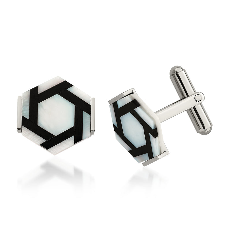 Stainless steel hexagon cuff links with mother-of-pearl and black agate inlay
