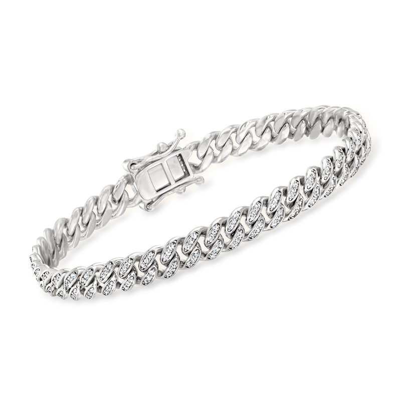 Sterling silver CZ Cuban-link bracelet with pave oval links and box clasp
