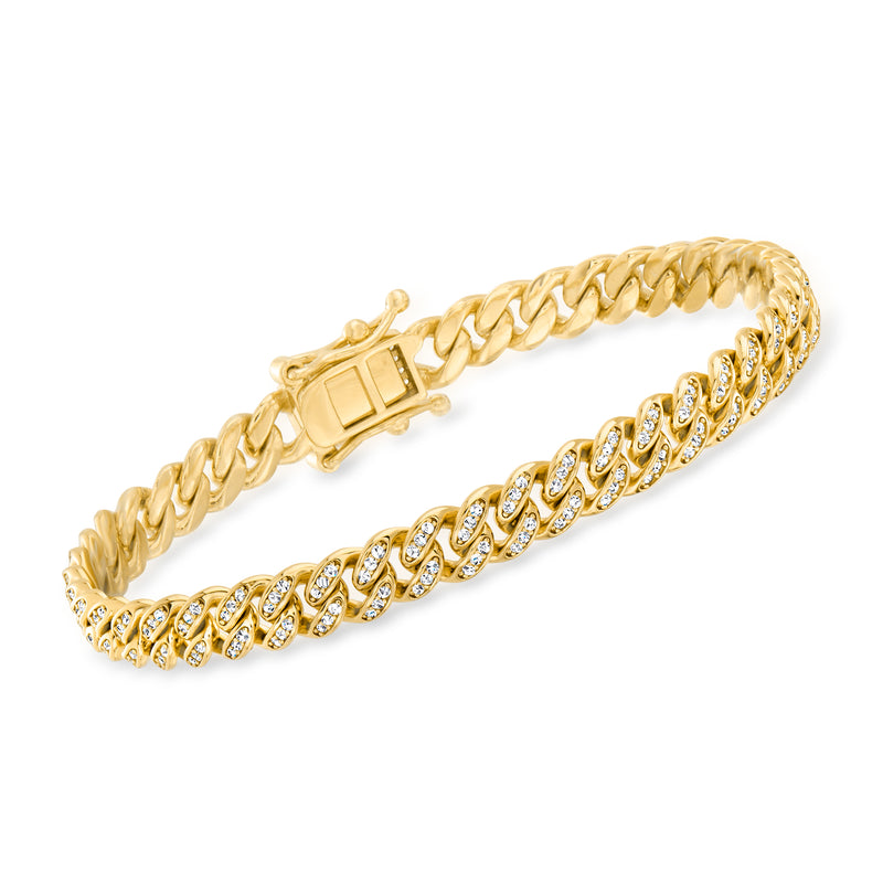 Gold-tone Cuban-link bracelet with pave CZ stones and box clasp