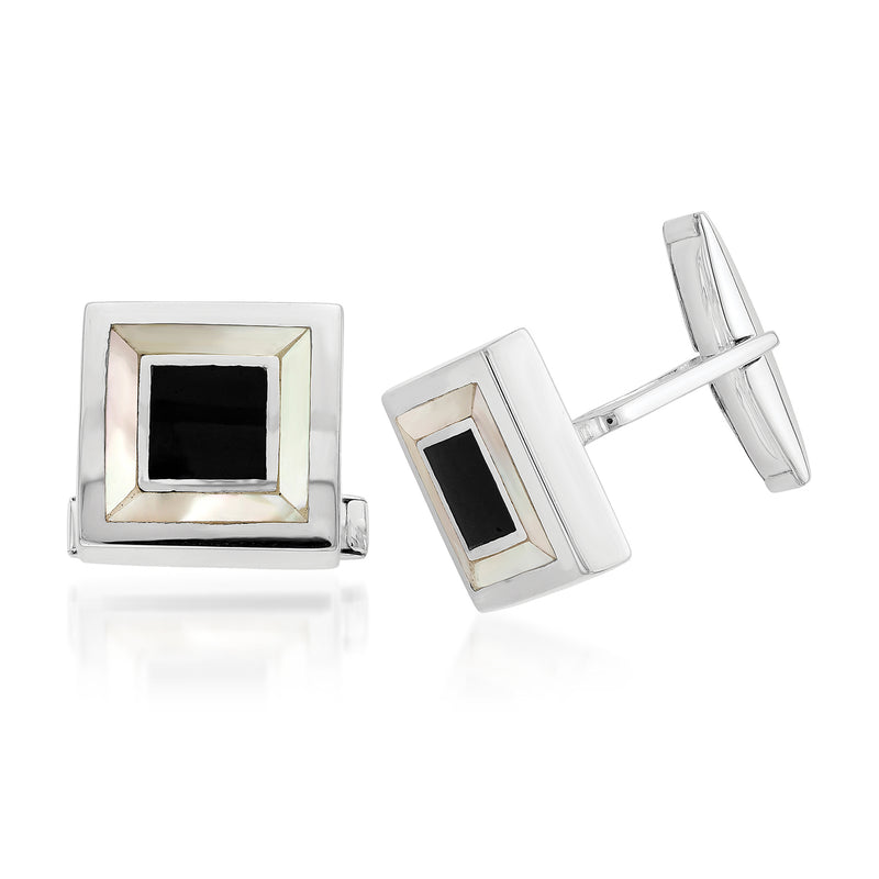 Sterling silver cuff links with black enamel square and mother-of-pearl insets