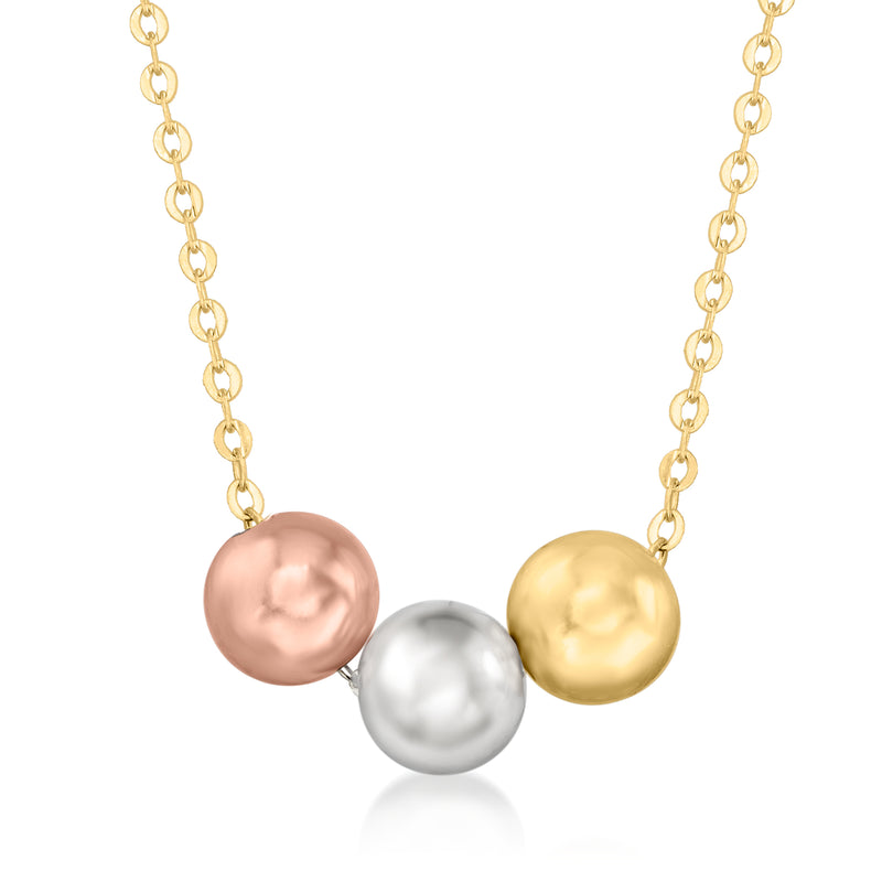 Tri-colored gold bead necklace with round rose, silver, and yellow beads on link chain