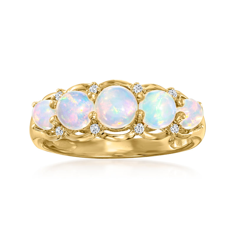14kt yellow gold ring with three oval opal stones and diamond accents