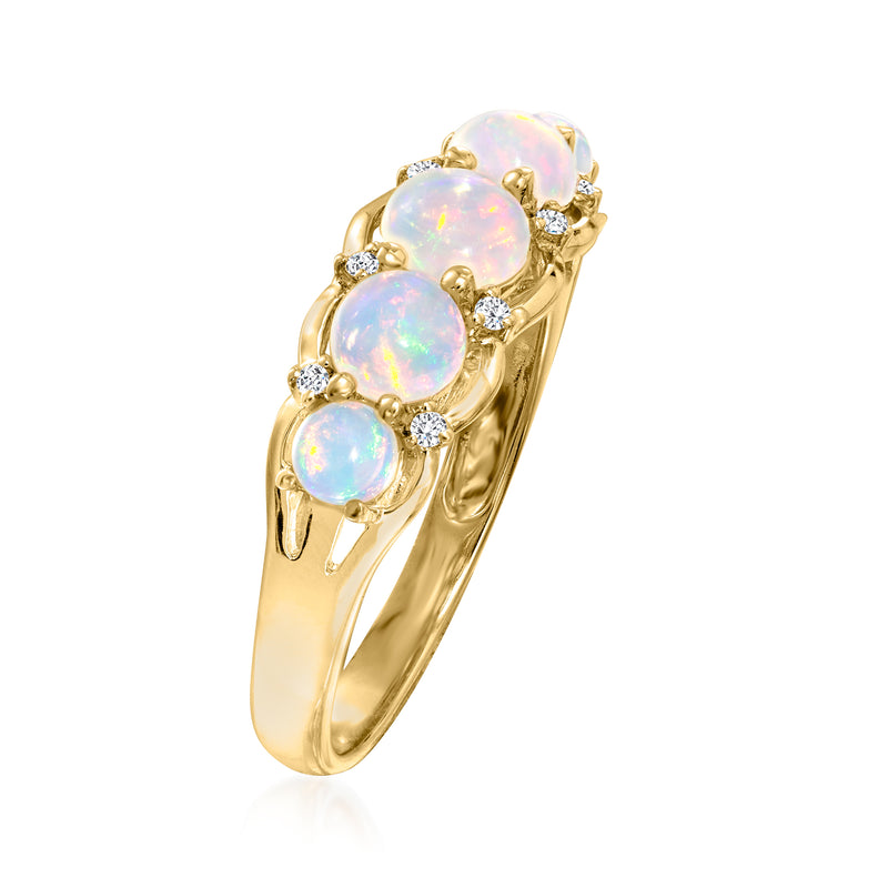 14kt yellow gold opal ring with three side-set oval opals and diamond accents