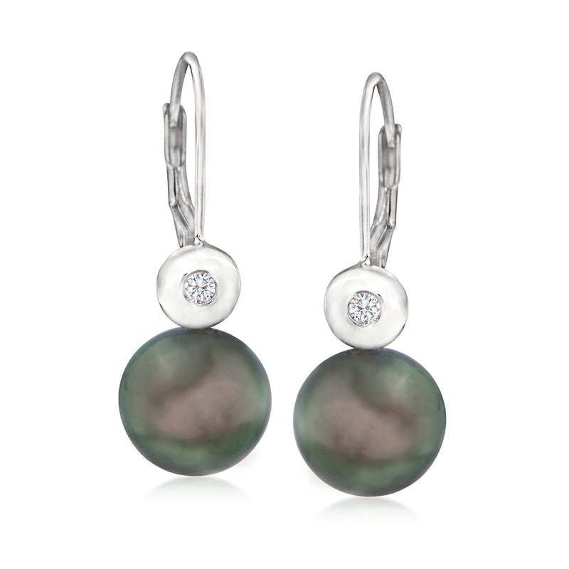 Sterling silver leverback earrings with round dark green cultured pearl drops and small diamond accents