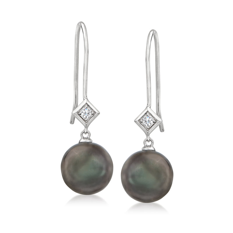 Sterling silver earwire drop earrings with dark iridescent pearl and diamond accents