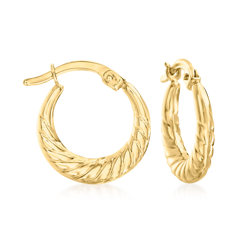 14kt yellow gold roped hoop earrings, textured spiral design with hinged clasp