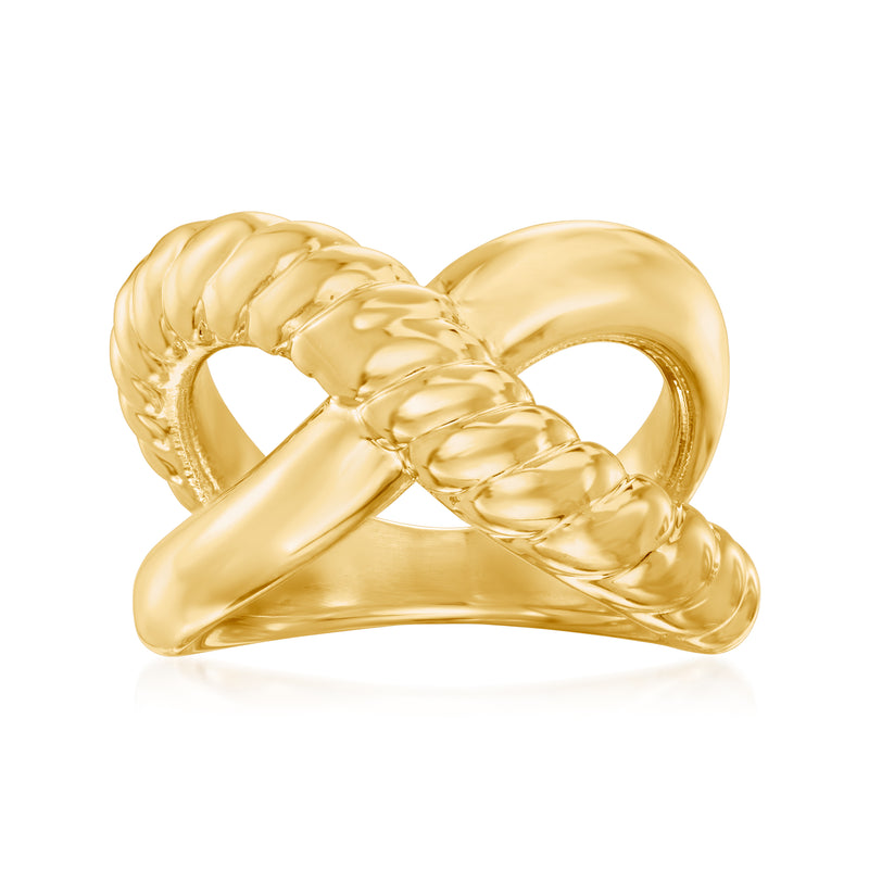 Yellow gold-tone crisscross roped ring with rounded openwork center gap