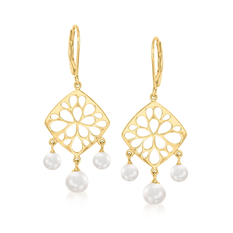 Gold openwork diamond drop earrings with leverback and cultured pearls