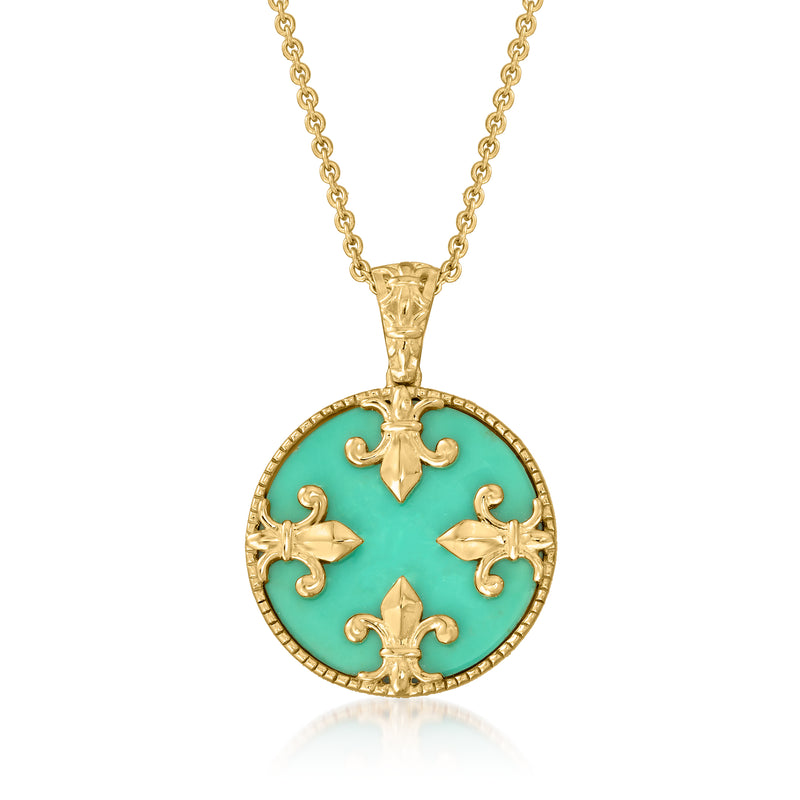 Round turquoise enamel fleur-de-lis pendant necklace with 18kt gold over sterling chain