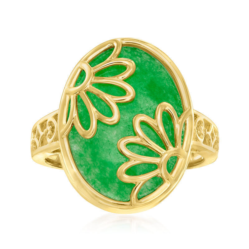 18kt gold over sterling ring with oval green jade center and gold floral motifs