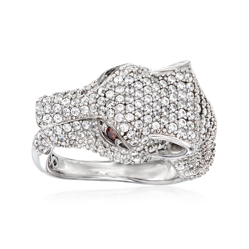 Sterling silver CZ cougar ring with clear crystal pave and brown accent eye