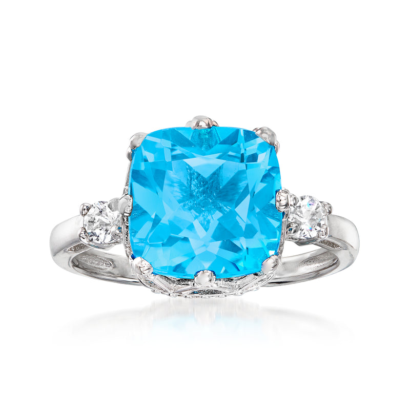 Sterling silver ring with large Swiss blue topaz center stone and white topaz accents