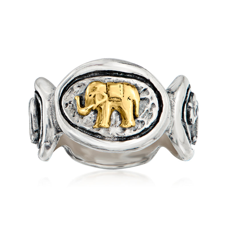 Two-tone elephant ring with gold elephant in oval halo; polished sterling silver band