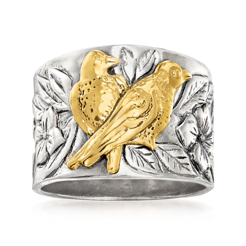 Sterling silver floral bird ring with yellow gold bird and leaf relief on band