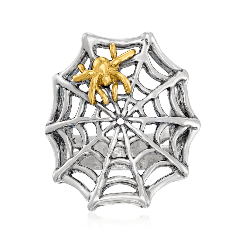 Sterling silver spider web ring with yellow gold spider centerpiece