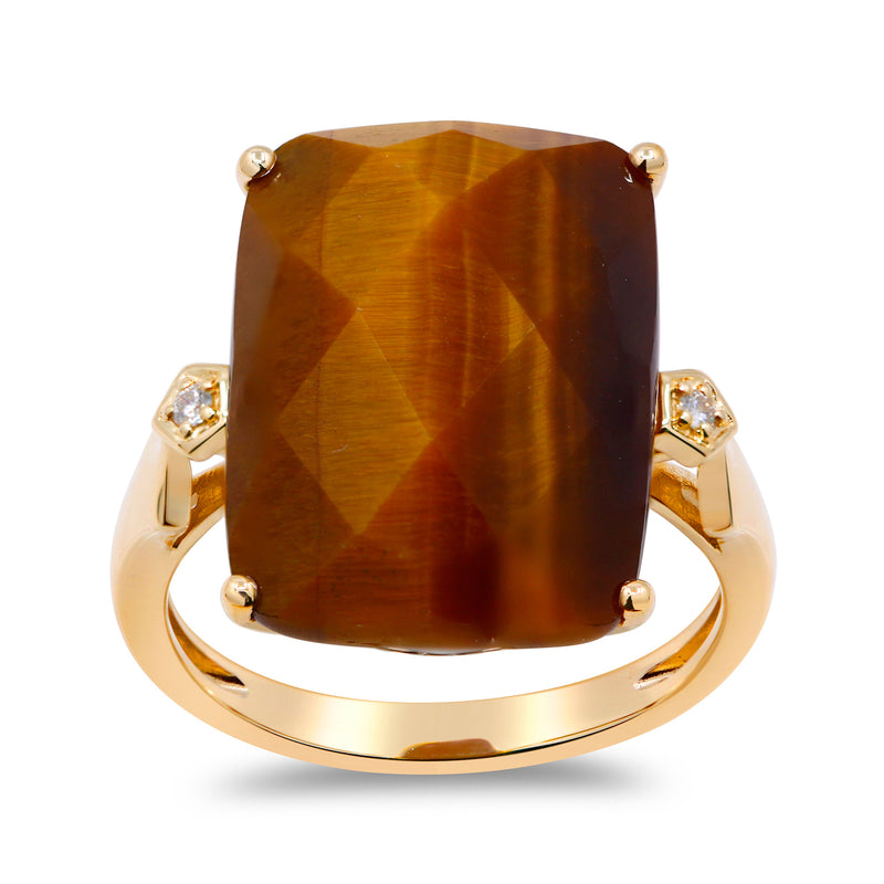 14kt yellow gold tiger eye ring with rectangular cushion stone and diamond accents